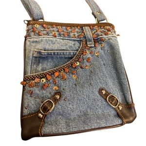 Vintage Hand Made Jeweled Denim Crossbody Bag